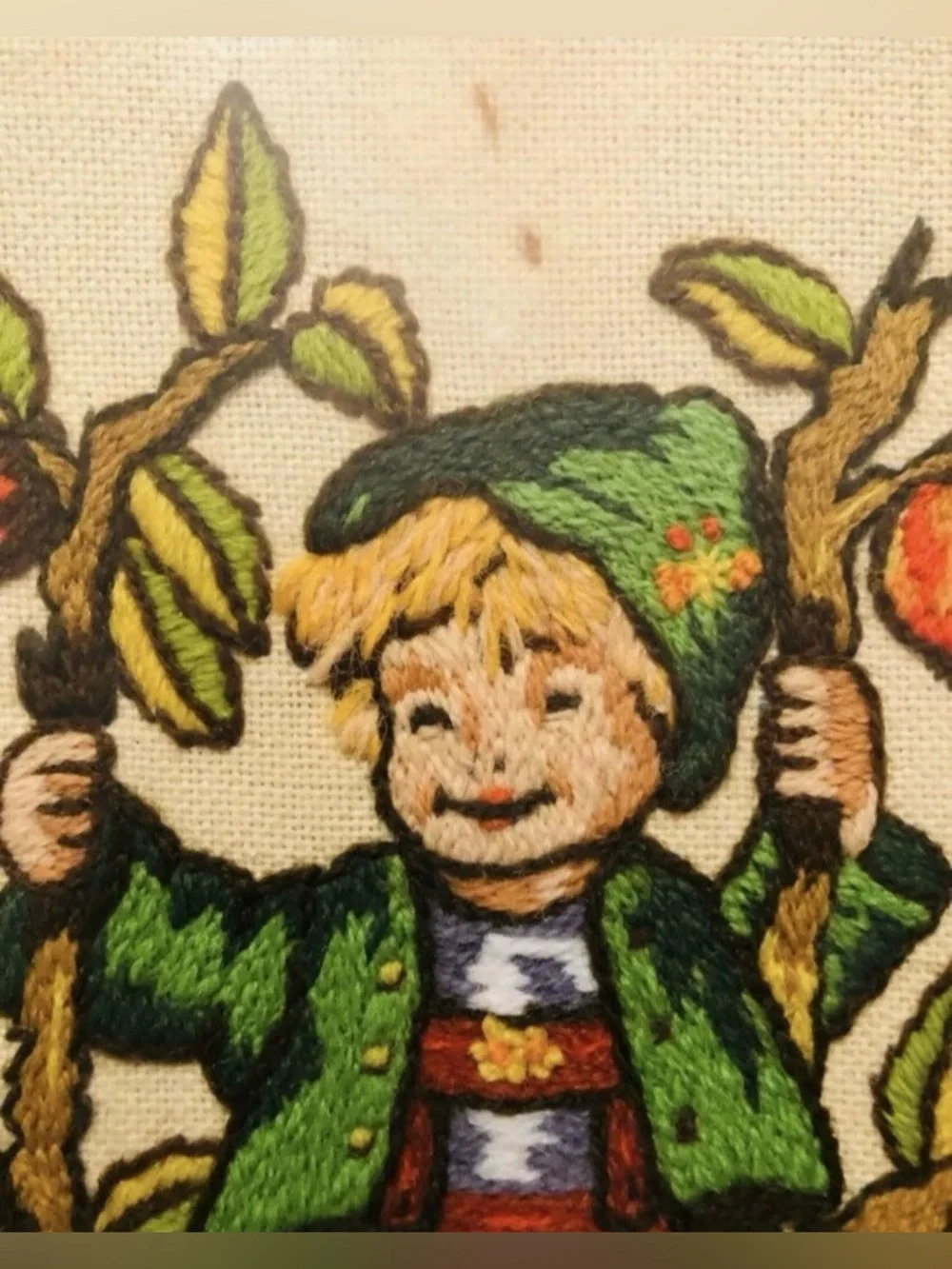2 Vintage Hummel Crewel Art 70s Children in Trees Grannycore Country